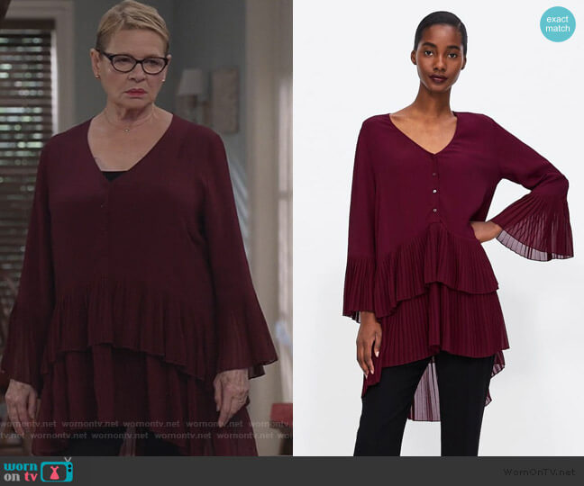Zara Burgundy Pleated Dress worn by Joan Short (Dianne Wiest) on Life in Pieces