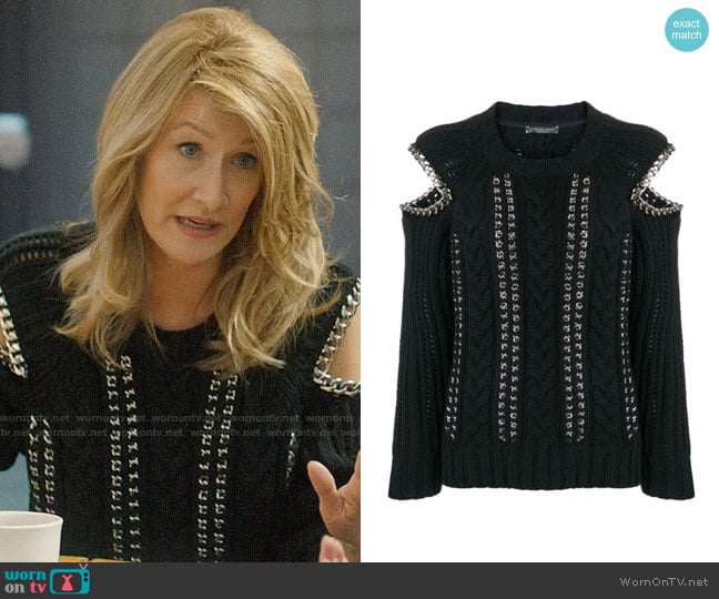 Alexander McQueen Chain Detail Cold Shoulder Sweater worn by Renata Klein (Laura Dern) on Big Little Lies