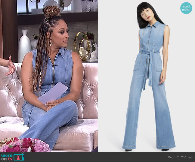 Alice + Olivia Jeans Gorgeous 70's Denim Jumpsuit worn by Tamera Mowry on The Real