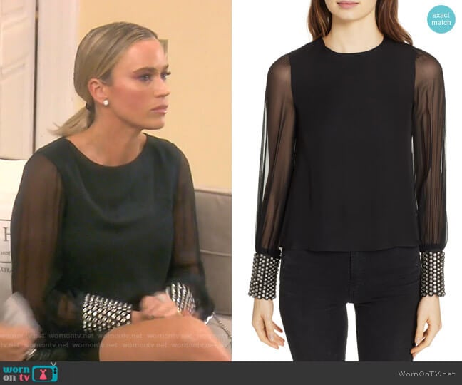 Alice + Olivia Vix Embellished Cuff Silk Blouse worn by Teddi Mellencamp Arroyave on The Real Housewives of Beverly Hills