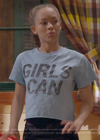 Ava’s GIRLS CAN tee and camo leggings on Bunkd