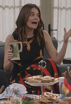 Heather’s black bird print dress on Life in Pieces