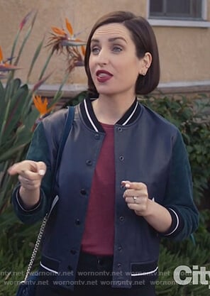 Jen’s black and green varsity jacket on Life in Pieces