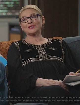 Joan’s black embroidered top on Life in Pieces