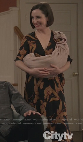 Jen’s black floral wrap dress on Life in Pieces