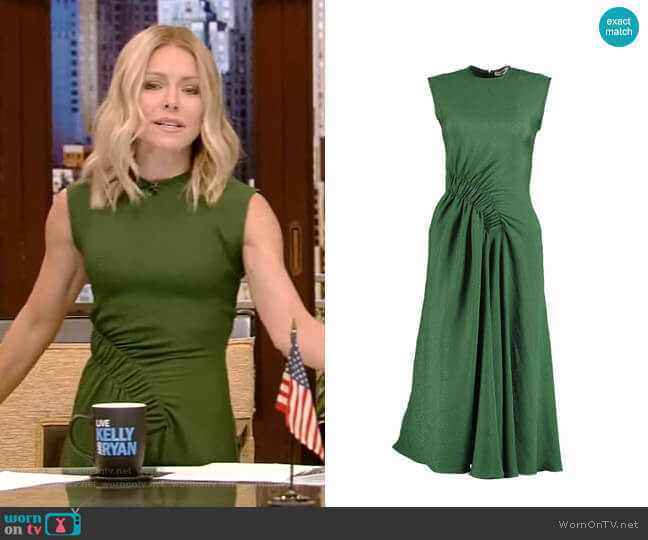 Edeline Lee Bottle Green Pina Midi Dress worn by Kelly Ripa on Live with Kelly and Mark