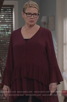 Joan’s burgundy’s pleated dress on Life in Pieces