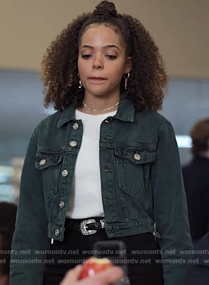 Tabitha’s white ribbed top and jacket on Trinkets