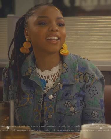 Jazlyn’s floral embroidered denim jacket on Grown-ish