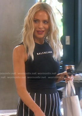 Dorit’s black Blanciaga top and striped pants on The Real Housewives of Beverly Hills