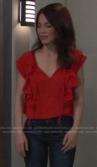 Elizabeth’s red ruffled top on General Hospital