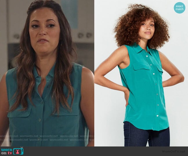 Equipment Sleeveless Slim Signature Top worn by Colleen Brandon-Ortega (Angelique Cabral) on Life in Pieces