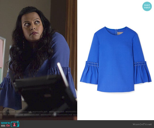Lela Rose Faux pearl-embellished wool-blend crepe top worn by Gillian (Aneesh Sheth) on Jessica Jones