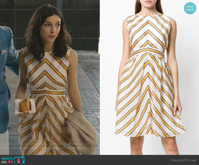 Fendi striped shift dress worn by Alicia Mendoza (Denyse Tontz) on Grand Hotel