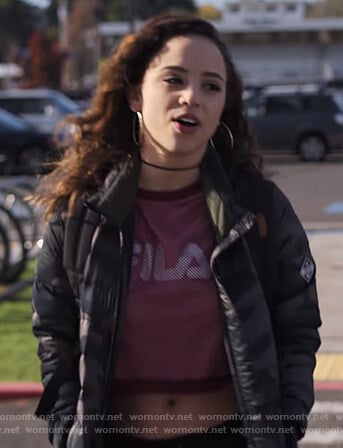 Moe’s Fila mesh top and puffer jacket on Trinkets