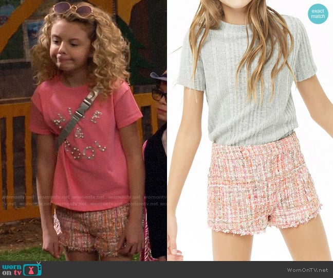 Forever 21 Girls Multicolored Tweed Shorts worn by Destiny Baker (Mallory James Mahoney) on Bunkd