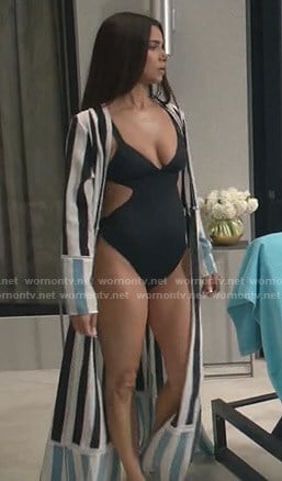 Gigi’s black swimsuit and striped kimono  on Grand Hotel