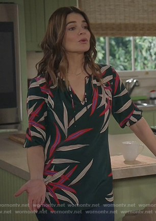 Heather’s green floral tie neck blouse on Life in Pieces