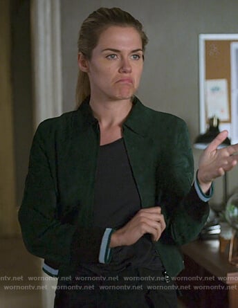 Trish’s green suede bomber jacket on Jessica Jones