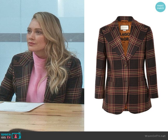 Gucci Checked Wool-Twill Blazer worn by Kelsey Peters (Hilary Duff) on Younger