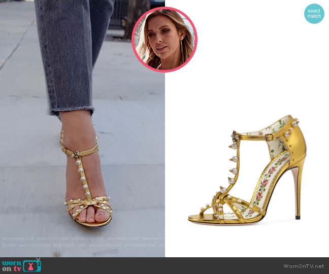 Gucci Regina Metallic T-Strap Sandal worn by Audrina Patridge (Audrina Patridge) on The Hills New Beginnings