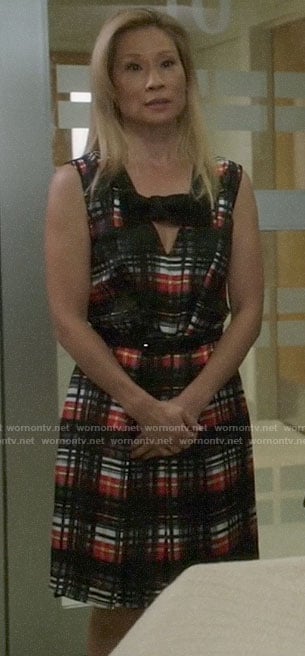 Joan’s plaid dress with velvet bow on Elementary