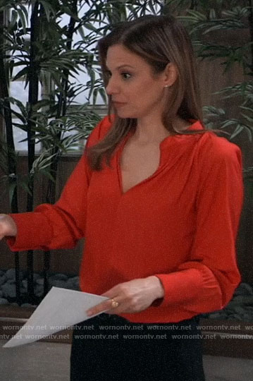 Kim’s red split-neck top on General Hospital