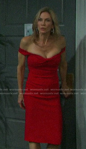 Kristen’s red off-shoulder dress on Days of our Lives