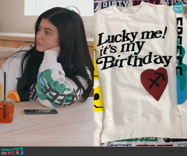 Kanye West Lucky Me Birthday Sweatshirt worn by Kylie Jenner on Keeping Up with the Kardashians