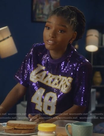 Skylar’s purple sequined Lakers top and camo pants on Grown-ish
