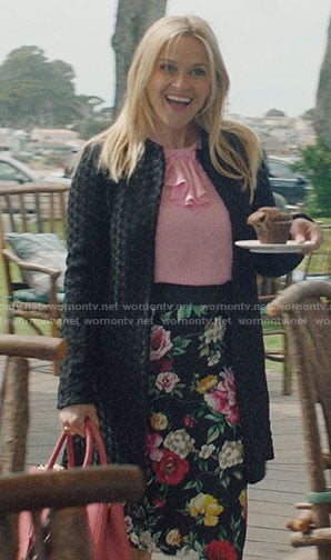 Madeline’s black floral skirt and pink ruffled top on Big Little Lies