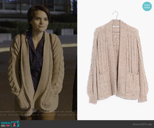 Madewell Bubble-Sleeve Cableknit Cardigan Sweater worn by Elodie Davis (Brianna Hildebrand) on Trinkets