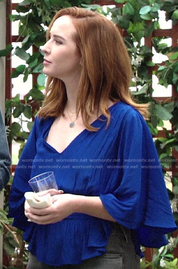 Mariah’s blue top with smocked waist on The Young and the Restless