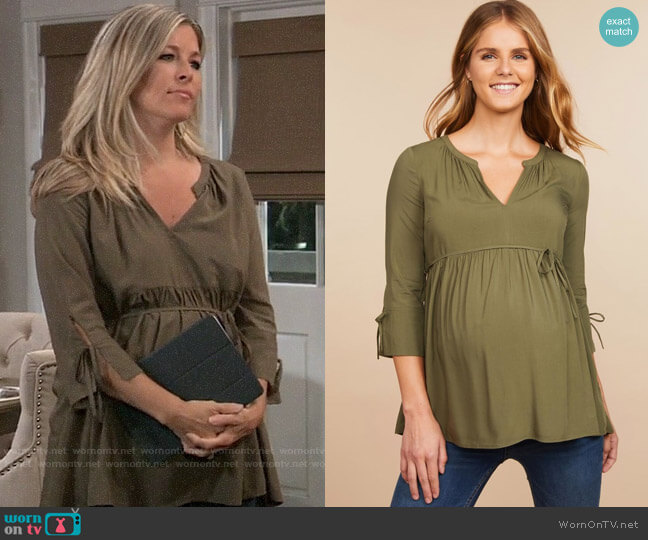 Motherhood Maternity Tie Sleeve Maternity Blouse in Olive worn by Carly Spencer (Laura Wright) on General Hospital