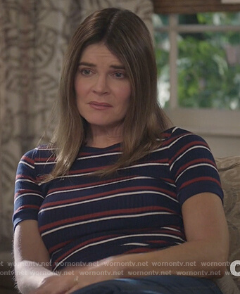 Heather’s navy striped ribbed top on Life in Pieces
