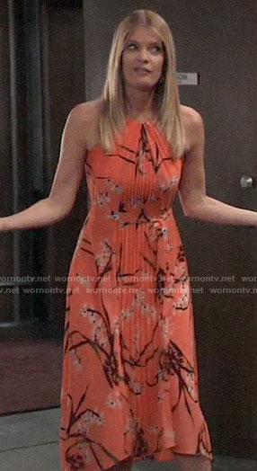Nina’s orange floral pleated midi dress on General Hospital
