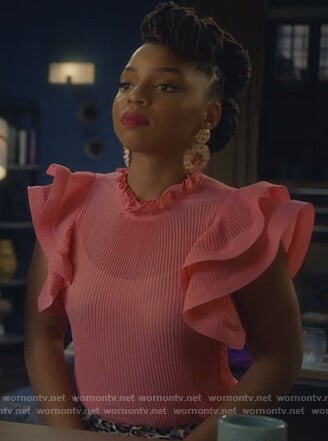 Jazlyn’s pink pleated top on Grown-ish