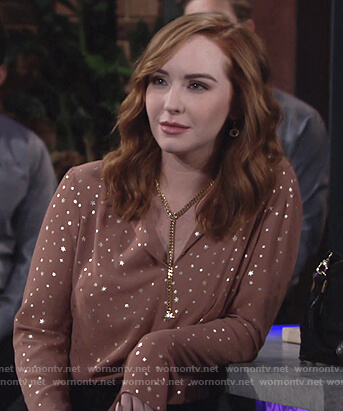 Mariah’s metallic star tie front blouse on The Young and the Restless