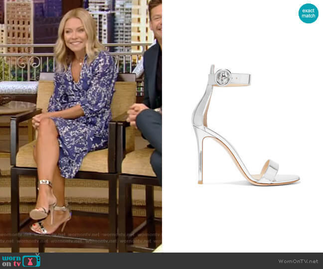 Gianvito Rossi Portofino Metallic Leather Sandals worn by Kelly Ripa on Live with Kelly and Mark