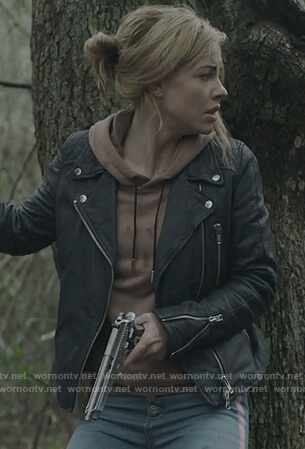 Kelly Anne’s black leather moto jacket on Queen of the South