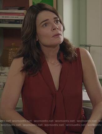 Heather’s red tie neck top on Life in Pieces
