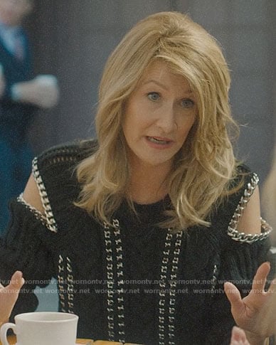 Renata’s chain-trim cold shoulder sweater on Big Little Lies