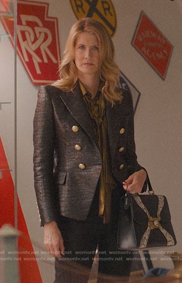 Renata’s crocodile textured blazer and gold blouse on Big Little Lies