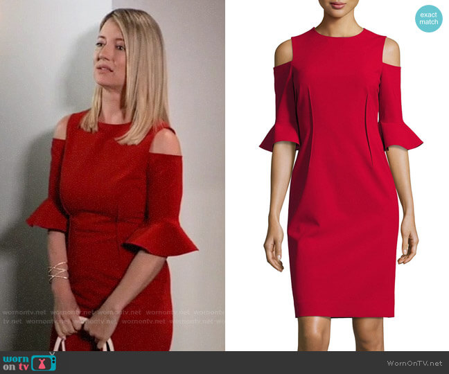Rickie Freeman for Teri John Cold-Shoulder Stretch-Crepe Mini Sheath Dress worn by Nina Reeves (Cynthia Watros) on General Hospital