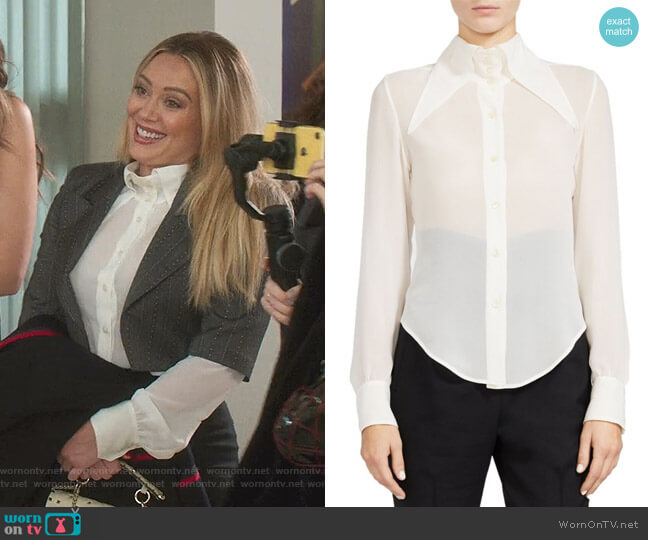 Saint Laurent Oversized Collar Sheer Silk Button-Down Blouse worn by Kelsey Peters (Hilary Duff) on Younger