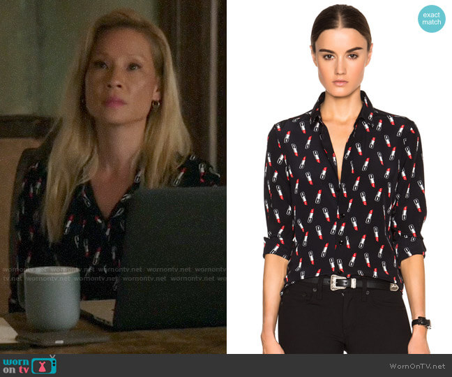 Saint Laurent Paris Lipstick Print Blouse worn by Joan Watson (Lucy Liu) on Elementary