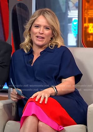 Sara’s navy red and pink layered dress on GMA Strahan And Sara