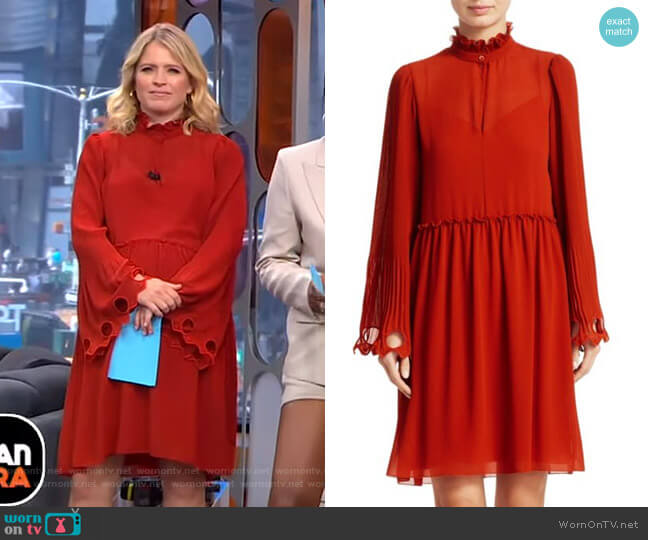 See by Chloe Ruffled Collar Bell Sleeve Georgette Shirtdress worn by Sara Haines on Good Morning America