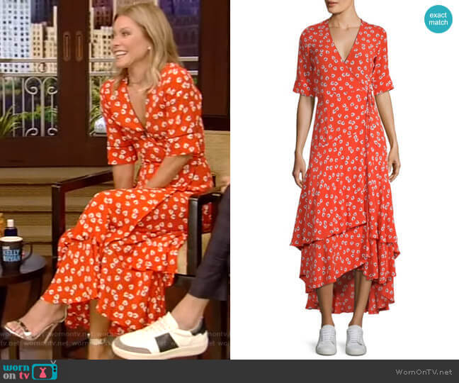 Ganni Silvery Crepe Wrap Dress worn by Kelly Ripa on Live with Kelly and Mark