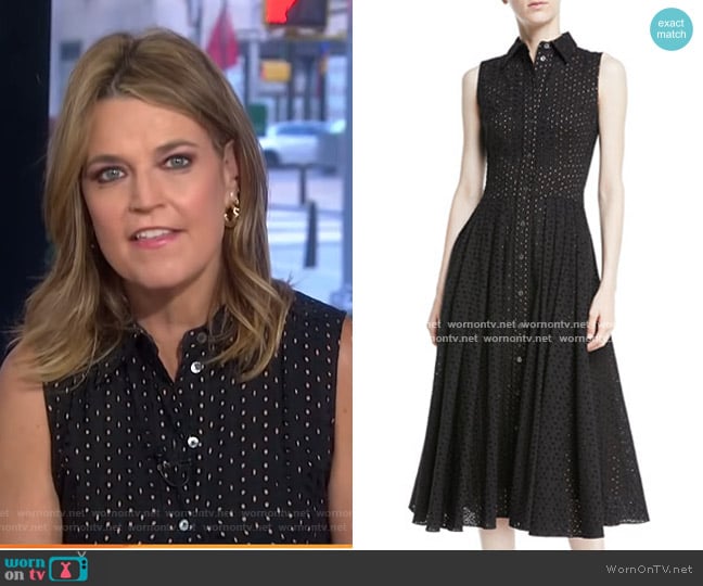 Michael Kors Sleeveless Button-Front Fit-and-Flare Cotton Eyelet Shirtdress worn by Savannah Guthrie on Today